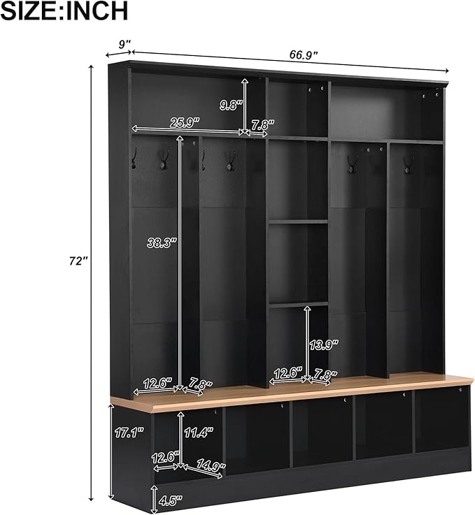 Modern Hall Tree with Storage Bench, Minimalist Shoe Cabinet with Cube Storage & Shelves, Multifunctional Coat Rack with 8 Hooks for Entryways Mudroom Hallway (Black + Particle Board-Q13)