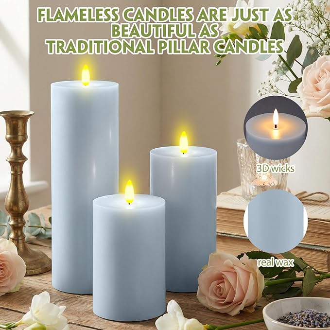 Retisee 3 Pcs Winter Light Blue Large Flameless LED Candles with Remote Spring Battery Operated Flickering Pillar Candles for Indoor Outdoor Party Wedding Light Decor(6''/8''/12''x4'')