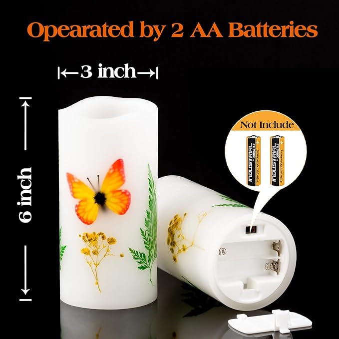 Flameless Candle with Remote Control, Battery Operated Led Light Electric Candles with Flickering Timer Dimmer Feature, Halloween Christmas Fall Home Decorations, 3 X 6 '' (Orange Butterfly Candle)