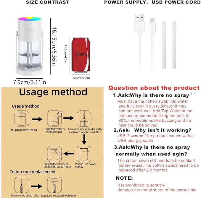 280ml Portable Shake Head Humidifier with Color LED Night Light, USB Personal Desktop Humidifier for Car, Home, Office, Travel, Auto Shutoff, Ultra-Quiet