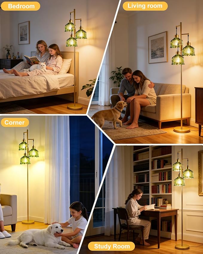 Gold Floor Lamps for Living Room, 3-Light Dimmable Floor Lamp with Green Glass Shade& E12 Bulbs Included, 65'' Mid Century Tall Standing Lamp for Bedroom/Sofa Beside/Corner Decor