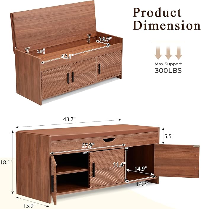 ECOTOUGE Storage Bench, Shoe Bench with Lift Top Storage, Entryway Bench with Cushioned Seat, Adjustable Shelf for Living Room, Bedroom, Hallway, Brown