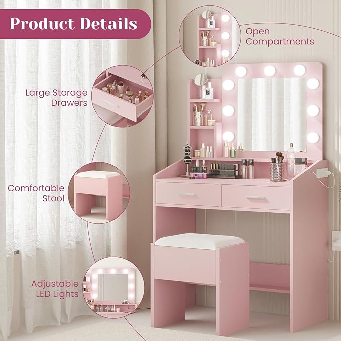 Vanity Desk with Lights and Mirror - Makeup Vanity Set with Power Outlet & USB Ports, 3 Lighting Modes, Adjustable Brightness, Includes 2 Drawers and Cushioned Stool, Small Dressing Table for Bedroom
