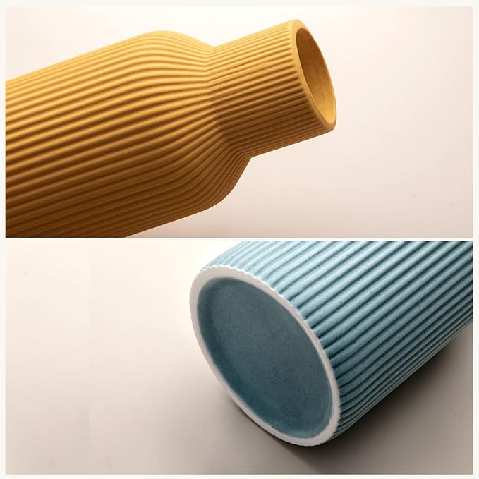 Colorful Ceramic Vases Set of 3 (White, Yellow, Blue) - Modern Matte Ribbed Color-Block Vases for Dried Flowers - Scandi Boho Decor Centerpieces for Living Room & Shelf