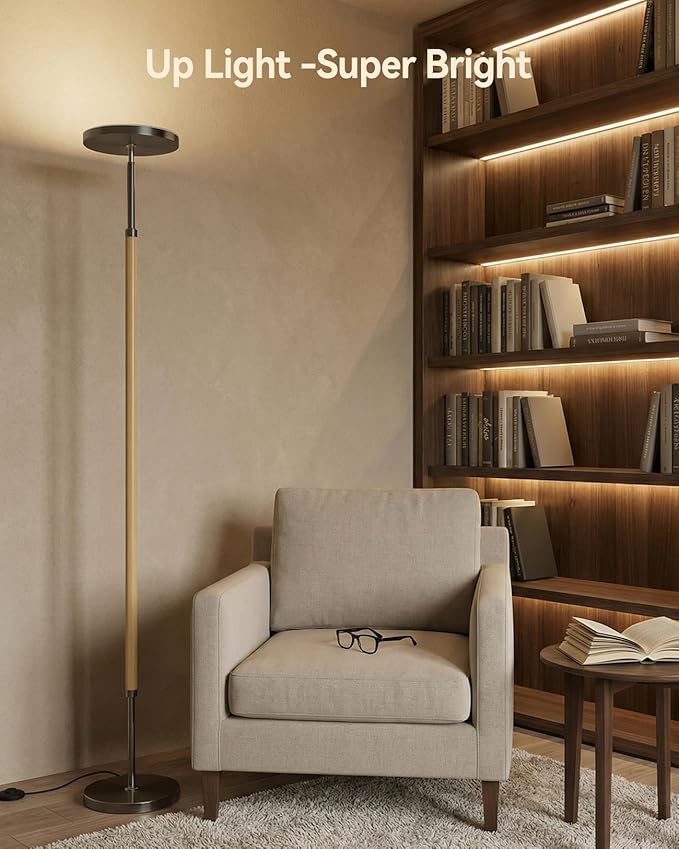 JOOFO Wood Torchiere Floor Lamp, Super Bright Stepless Dimmable LED Uplight Standing Lamp with Remote Adjustable Color Temperature 3000K–6500K with Timer for Living Room Bedroom Office Reading