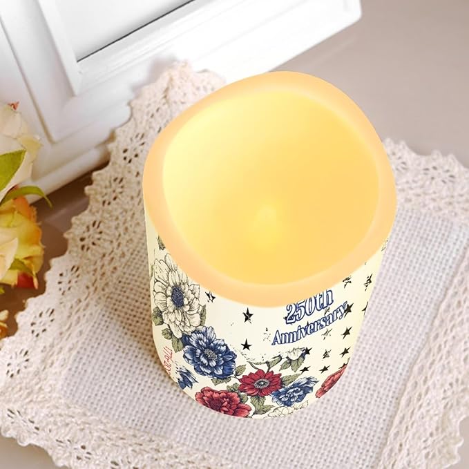 250th National Independence Day Battery Operated Candles Floral Print Fake Candle Remote Control 1776-2026 Flameless Candles Patriotic Decorations for Home, 4 Pack