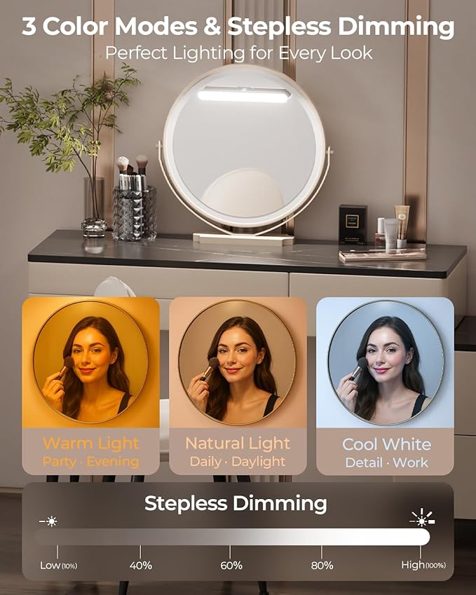 Wireless Rechargeable Bathroom Vanity Light – Black, 1600mAh Battery Operated Makeup Light Stick On, with 3 Color Modes & Touch Control, Adjustable Angle, USB-C Fast Charging for Above Mirror