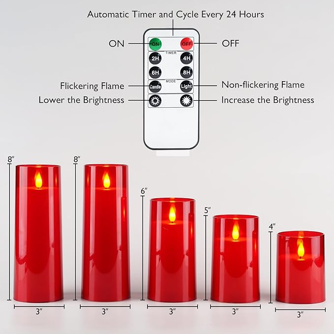 Homemory Christmas Red Flickering Flameless Candles, Battery Operated Acrylic LED Pillar Candles with Remote Control and Timer, Set of 5