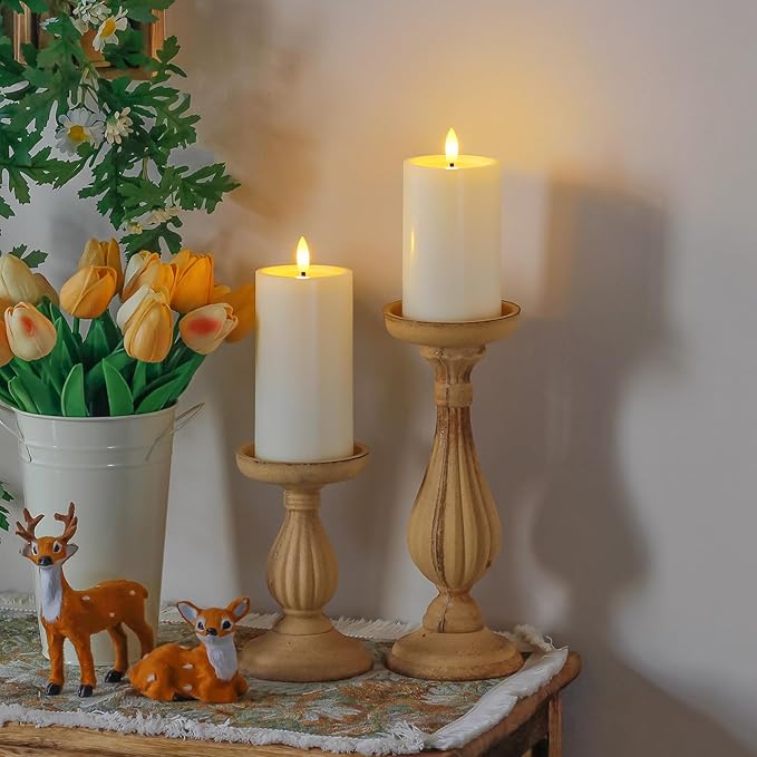 Outdoor 4pcs Flameless Waterproof Candles with Handy Remote Control, Cycle Timer Battery Operated Candle Grease Effect LED Flickering Pillar Plastic Long Lasting (Ivory, 3" x4" 5" 6" 7")