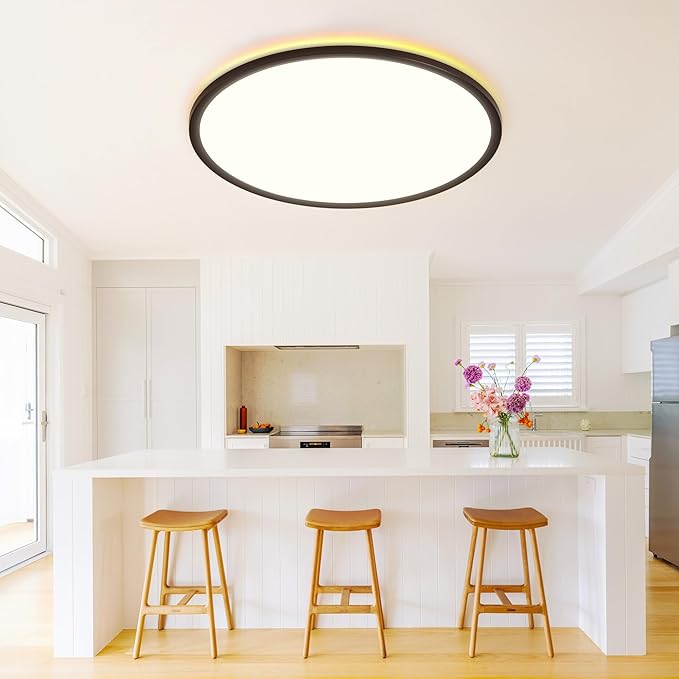 Flush Mount Ceiling Light with Night Light, 19in LED Ceiling Lights with Remote Control, 1800K Nightlights & 3000-6500K Dimmable Lamp Fixture, 45W 4500LM Low Profile for Bedroom, Black