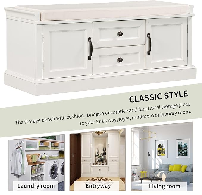 GDFStudio Rustic Storage Bench with 4 Doors 2 Draws Adjustable Shelves Removable Cushion Rectangular Cabinet Foot Rest Stool Solid Wood Shoe Bench Seating for Entryway Living Room, White