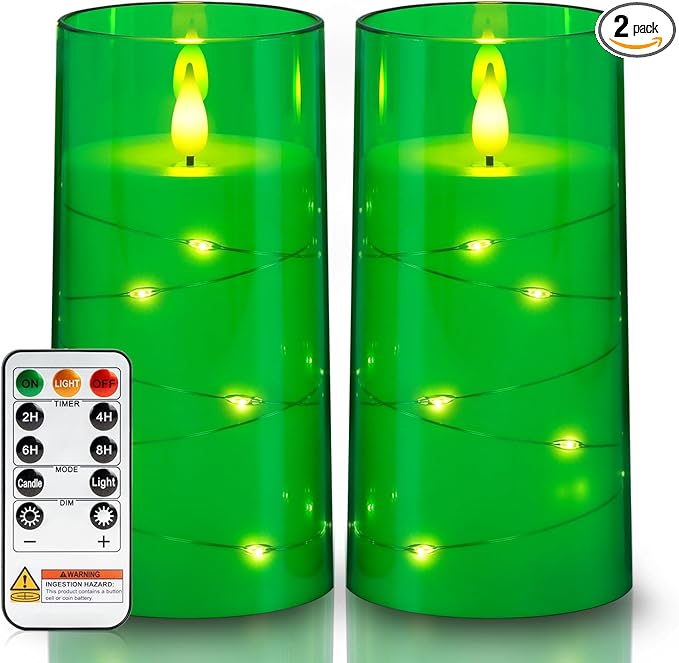 Homemory St. Patrick's Day Flameless Candles with Embedded Star String Fairy Lights, Green Battery Operated Candles, LED Candle, Fake Candles with Remote Control and Timer, Set of 2(H 6" 6")