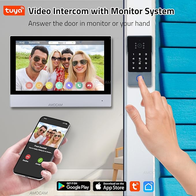 2-Wires Video Intercom System, 7 Inch 1080P WiFi Touch ScreenVideo Doorbell Doorphone System, 32G Card, Snapshot, Monitoring, Code Password Tuya App IC Card Unlock for Home Apartment
