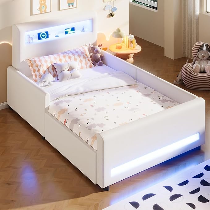 MERITLINE Twin Size Upholstered Platform Bed with Drawer, App-Controlled RGB LED Light Strip & USB Port, PU Fabric Storage Bed (White) | LED light, Storage Drawer