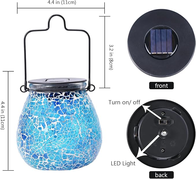Bshine Mosaic Solar Lantern Outdoor Hanging Waterproof, Fragmented Glass Blue Mosaic Light Valentine's Day Indoor Decor Table, Garden Decor for Yard Outside, Lawn, Birthday Gift for Mom Gardening