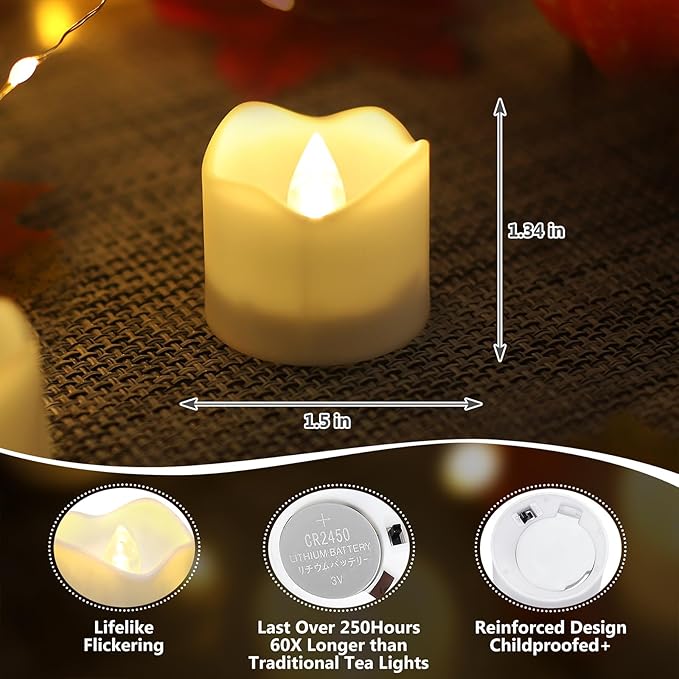 Topstone 24-Pack Flameless LED Candles with Remote Control, 10-Key Timer (2H/4H/6H/8H), Flickering & Steady Modes, Dimmable Warm White Battery-Operated Candles,Includes 2 Remotes & Batteries
