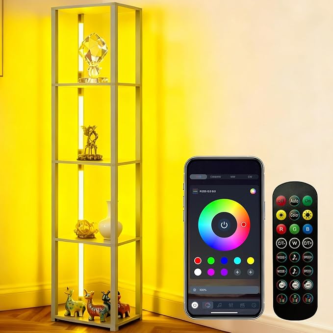 RGBCW Floor Lamp with Shelves, Smart Modern Floor Lamp with Music Sync, LED Color Changing Corner Display Shelf Lamp, Tall Lamps for Living Room and Bedroom, Bookshelf Lamp