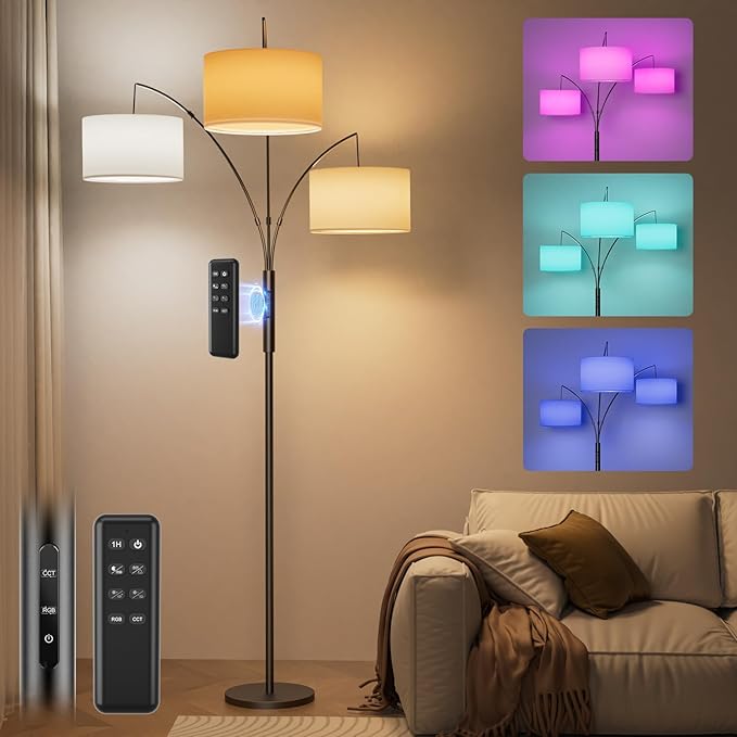 36W RGB Arc Floor Lamp with 3 White Fabric Shades, 3000LM Super Bright Standing Lamp with Remote Control & Touch, Stepless Dimming, Individual Light Control for Living Room, Bedroom