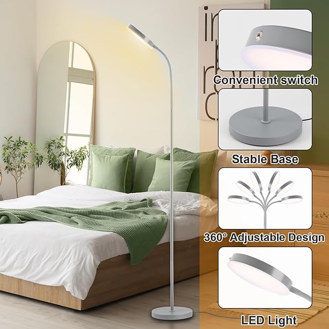 Floor Lamp, Led Floor Lamps for Living Room, Stepless Adjust Color Temperatures & Brightness Standing Lamp with Touch Control Tall Lamps Adjustable Gooseneck Reading Floor Lamp (Grey)
