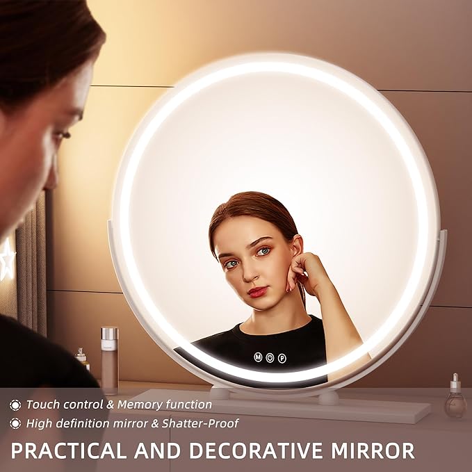 Hasipu Vanity Mirror with Lights, 23.6" LED Large Makeup Mirror, Lighted Makeup Mirror with Lights, Smart Touch Control 3 Colors Dimmable Round Mirror 360°Rotation White