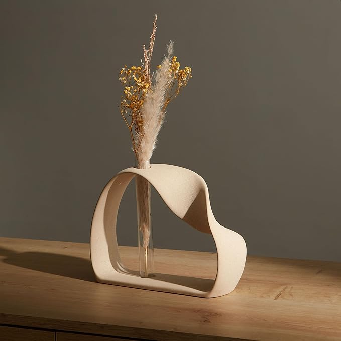 Ceramic Vase for Minimalist Home Decor - Boho Pampas Grass Vase - Stem Flower Vase for Coffee Table, Office Desk, Living Room, Kitchen, Wedding - Modern Vase for Centerpiece Table Decoration