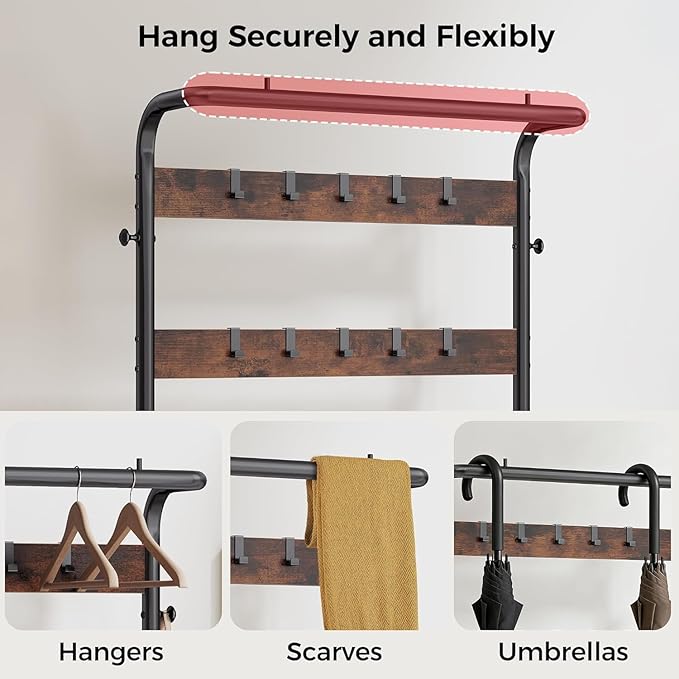 NEWBULIG Hall Tree with Shoe Bench and Coat Rack, 4-in-1 Entryway Organizer with 10 Hooks and Storage Shelf, Rustic Wood Finish Entryway Bench for Mudroom, Living Room, Bedroom