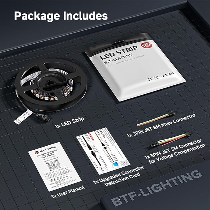 BTF-LIGHTING WS2812B ECO RGB LED Strip,UL Listed,Individually Addressable,3.28FT 60LED/m 60Pixel DC5V 5050SMD,Alloy Wire Flexible 3M Tape for DIY Chasing Color Project IP30(No Adapter or Controller)