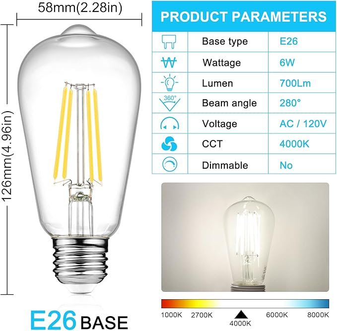 Ascher LED Edison Bulbs 6W, Equivalent 60W, High Brightness Cool White 4000K, 700 Lumens, ST58 Vintage LED Filament Bulbs with 80+ CRI, E26 Base, Non-Dimmable, Clear Glass, 4 Packs
