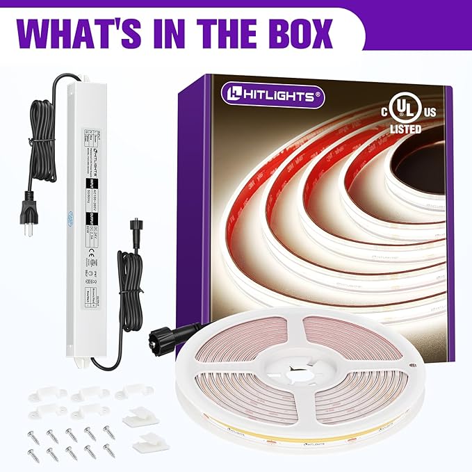 Outdoor COB LED Strip Lights Kit Waterproof White 4000K, 24V Tape Light with Power Supply, IP67, 2560 LEDs, 305 lm/ft, CRI 90+, UL Listed, Premium Lighting for Bathroom, Backyard, Garden, 16.4ft