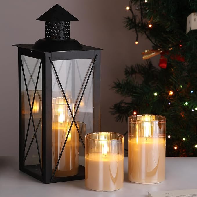 Eywamage Gold Ribbed Glass Flameless Pillar Candles with Remote, Flickering LED Wax Candles Battery Operated Set of 3