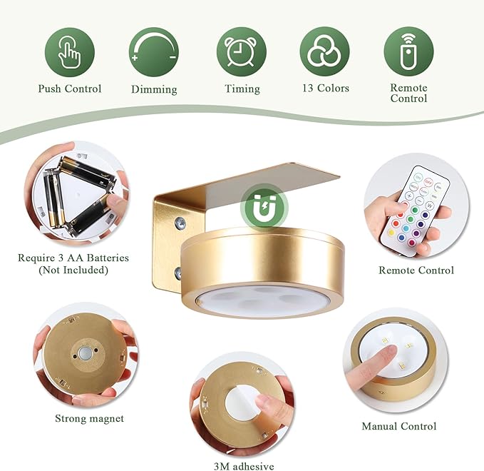 2-Pack Picture Light Battery Operated Painting Lights, 13 Color RGB Magnetic LED Display Art Light with Remote, Dimmable and Timer Portrait Light for Art Frame Artworking, Wall Decor Puck Light, Gold