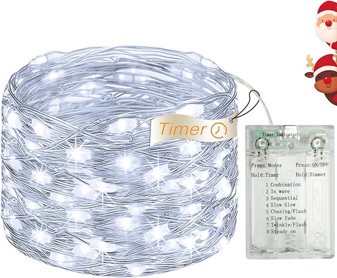 16FT 50 LED Fairy Lights Battery Operated with Timer, 8 Modes USB Mini Twinkle Light, Small String Lights for Christmas Tree Wreath Vase Bedroom DIY Wedding Party Decorations-Cold White