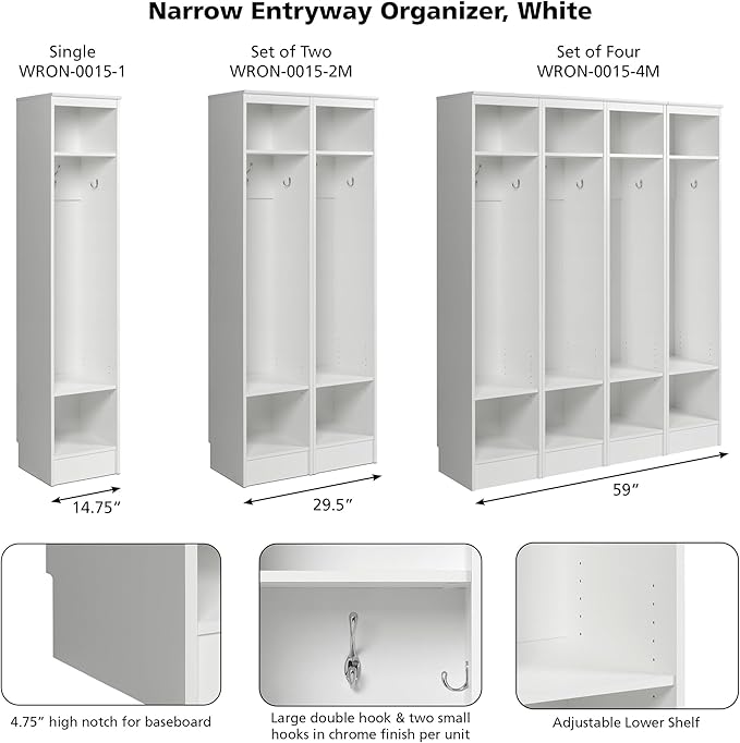 Prepac Narrow Coat Rack Freestanding Hall Tree with 3 Hooks, Entryway Furniture for Coat and Shoe Storage, Entryway Organization with an Adjustable Shelf, 14.75"W x 72.5"H x 15.5"D, White