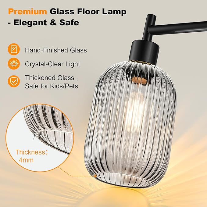 【Upgraded】 Dimmable Glass Floor Lamp for Living Room, Modern Black Standing Lamp with Green Ribbed Gray Lampshade & Knob Dimmer, Arc Tall Lamp for Bedroom Office Reading Room, 2700K Led Bulb Included