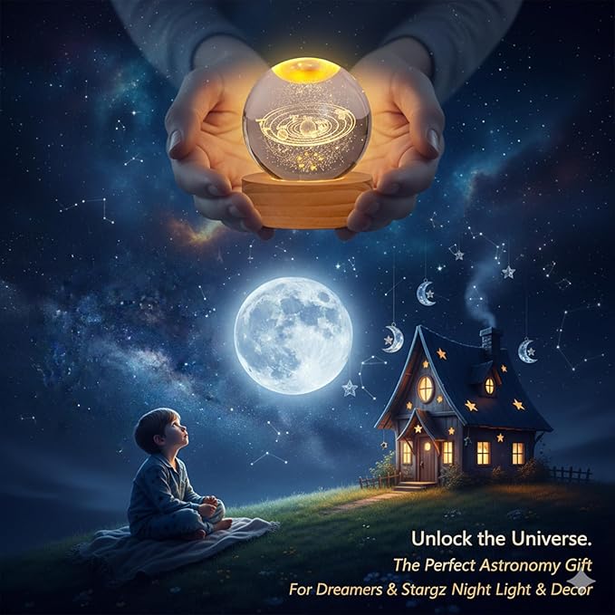 Happyhaves Calming Stellar Spheres Crystal Ball Night Light with Wooden Base, 3D Moon and Galaxy Lamp, Planet Sphere Calming Light for Bedroom Decor and Space Gifts (Solar System)