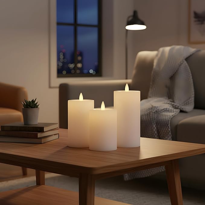 Flameless Pillar Candles Flickering with Remote Timer, Battery Operated LED Candles Up to 400 Hours, 3D Moving Flame Real Wax Candles, Set of 3, D3 x H4, 5", 6",Remote Included(Ivory)