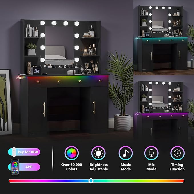 Makeup Vanity Desk with Mirror and Lights, 43" Black Vanity Set with 3 Drawers, Power Outlet & Adjustable RGB LED Lights, Dressing Table with Storage Shelf for Women & Girls Bedroom