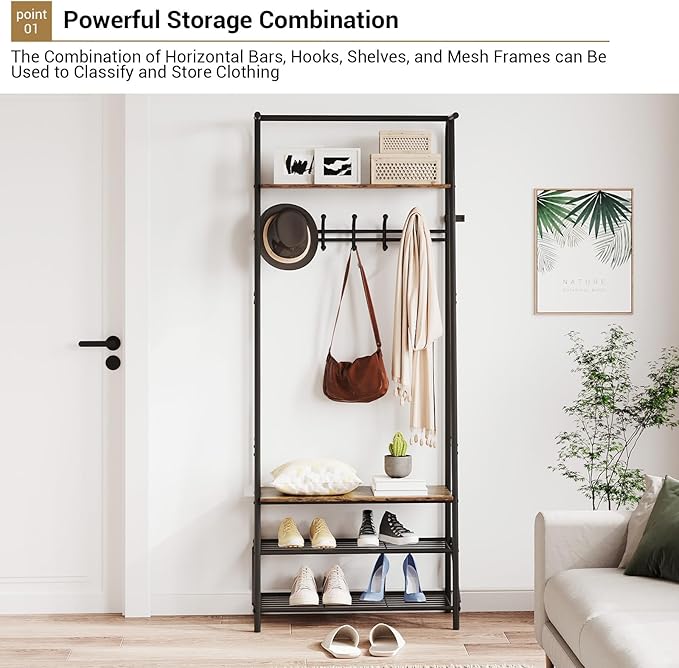 Coat Rack Hall Tree with Shoe Storage Bench, 4-in-1 Entryway Bench with 6 Hooks & 3-Tier Shoe Rack, Metal Frame for Entryways, Freestanding Coat Racks Storage for Entryway, Hallway, Front Door