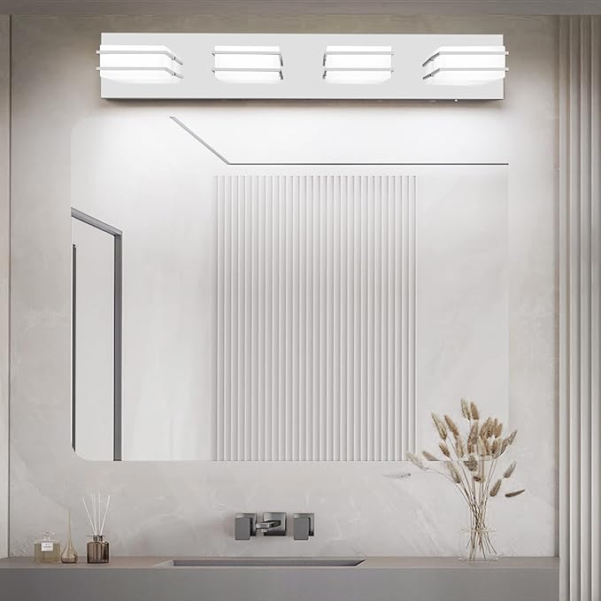 3 Color Temperature Dimmable Vanity Lights for Bathroom, LED Chrome 4 Light Vanity Light Fixtures, Acrylic Stainless Steel Square Shade Bathroom Light Fixtures Over Mirror, ETL Certificated