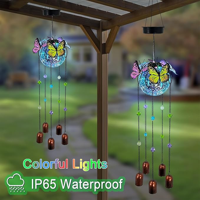 Butterfly Wind Chimes for Outside,Plastic Ball Dangle Solar Lights Outdoor,Waterproof Hanging Yard Decorations for Garden,Patio,Porch