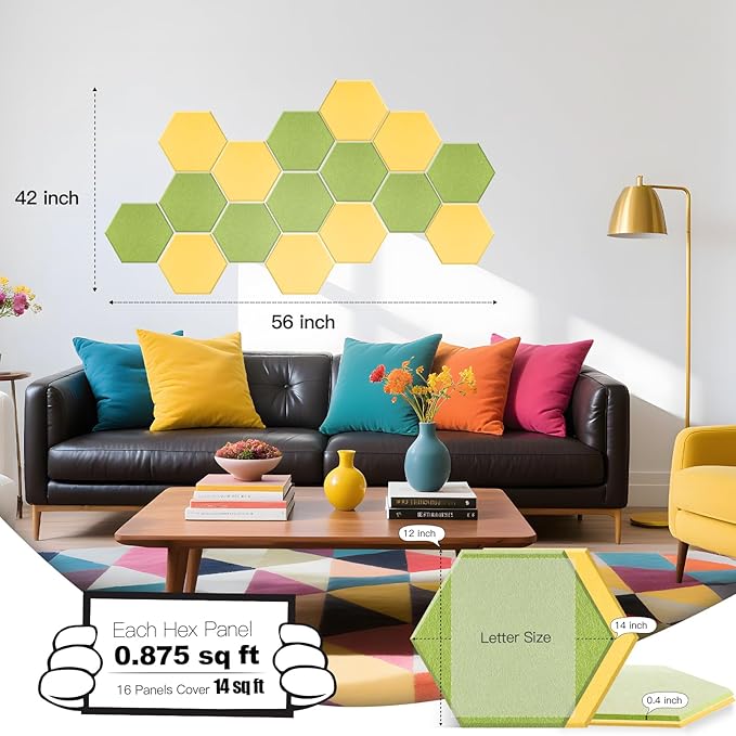 Mollywell Hexagon Acoustic Panels 14x12 - Reduce Echo & Reverb, Noise Blocking Wall Tiles for Kids Room & Playroom, Yellow & Fruit Green Sound Absorbing Panels