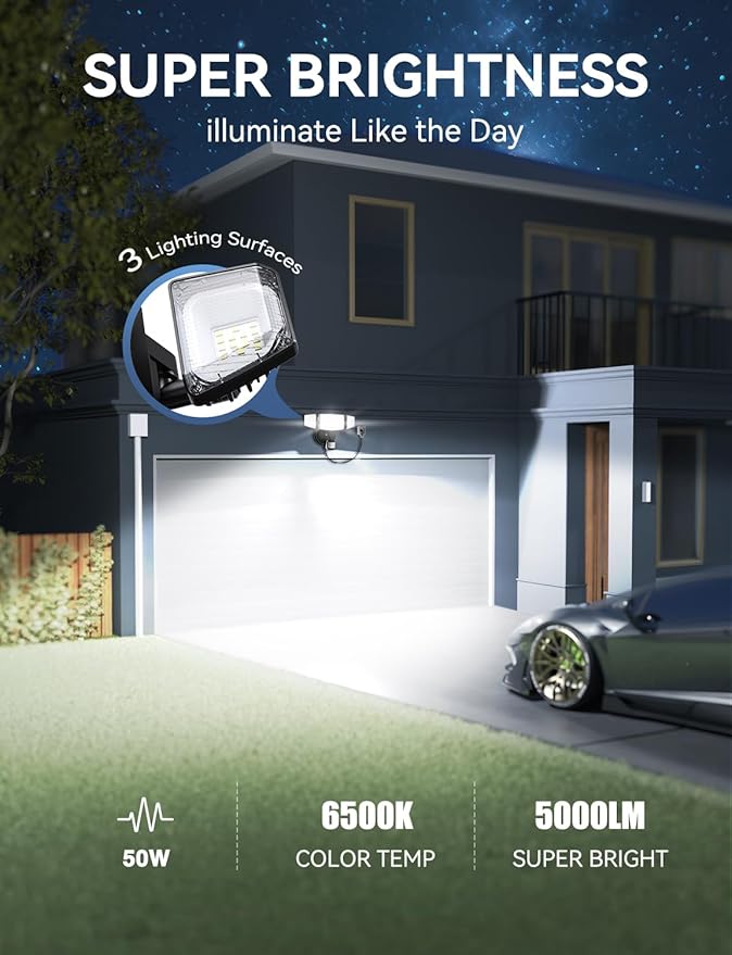 Olafus 50W Motion Sensor Outdoor Light Plug in, Motion Flood Light Dusk to Dawn, 5000LM LED Security Light IP65 Waterproof, Motion Activated 6500K PIR Sensor Lighting for Garage Yard Patio Eave, Black