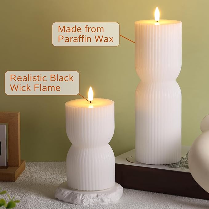 White Ribbed Flameless Pillar Candles with Remote, Real Wax Flickering Battery LED Candles Set of 2