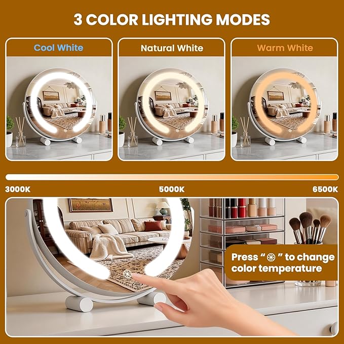 Vanity Mirror with Lights, 12" LED Makeup Mirror, HD Professional Mirror, Smart Touch with 3-Color Lighting, Dimmable, 360° Rotation, Lighted Up for Makeup Desk, Bedroom (White)