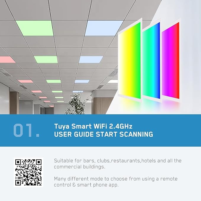 2x4 FT LED RGBW 5000K Multicolor Flat Panel Light Remote & App Controlled 60W 6600lm Color Changing LED Panel Light Smart Wi-Fi Drop Ceiling Light with Alexa/Google Assistant (4 Pack)