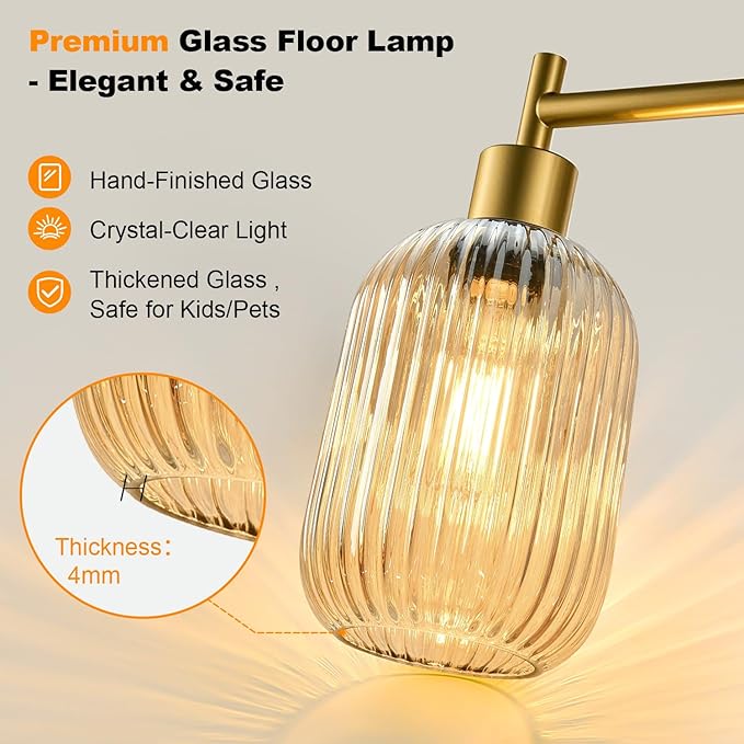 【Upgraded】 Dimmable Glass Floor Lamp for Living Room, Modern Gold Standing Lamp with Amber Ribbed Glass Lampshade & Knob Dimmer, Arc Tall Lamp for Bedroom Office Reading Room, 2700K Led Bulb Included
