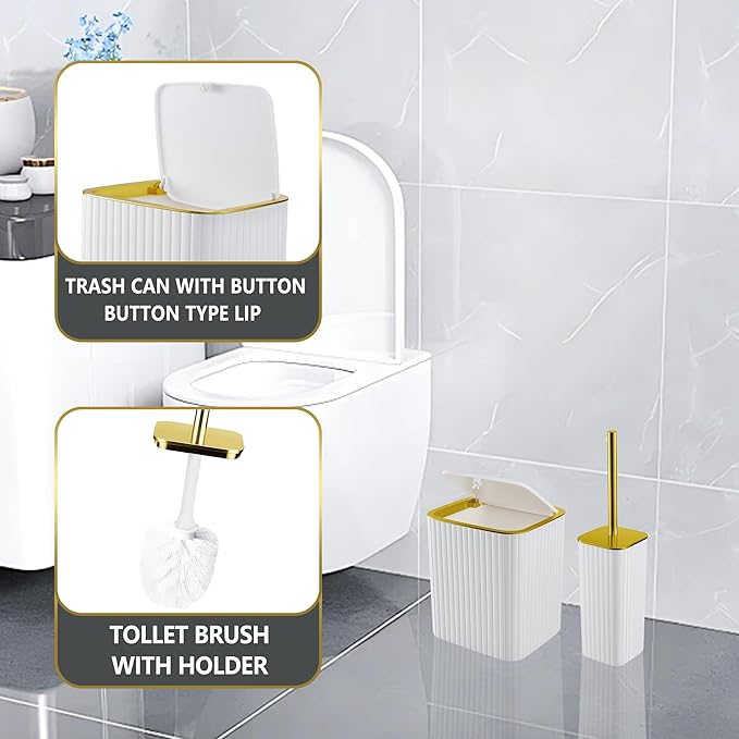 Bathroom Accessory Set White-9PC Set with Toilet Brush, Trash Can, Soap Dispenser, Q-Tip Holder | Modern Home Bath Essentials (White, Bath Set)