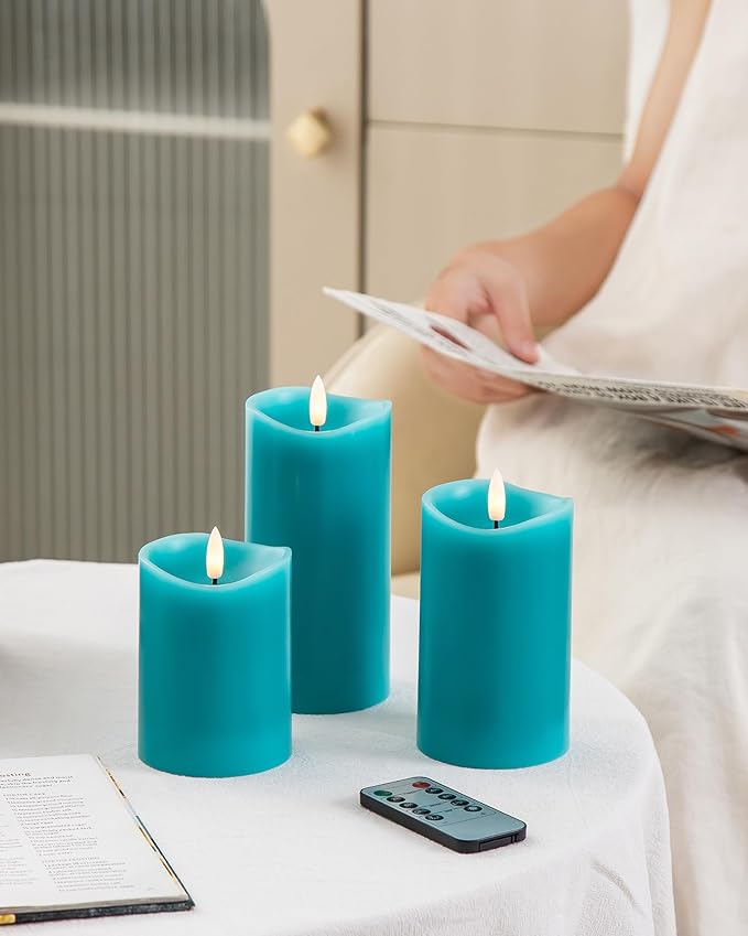 Teal Flameless Candles with Remote Timer, Real Wax Made LED Pillar Candles Battery Operated with 3D Flickering Flame, Teal Bathroom Accessories, Turquoise Set of 3 (3" x 4",5",6")