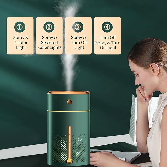Travel Humidifier, 1000mL Mist Humidifier Diffuser Essential Oil Diffuser Aromatherapy Diffuser with 7 Color Changing LED Lights for Homes, Cars, and Offices (Green)