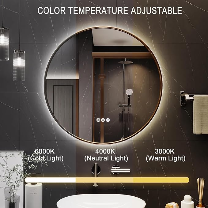 Round Bathroom Mirror with Lights, 28x28 Inch Vanity Mirror with Backlit, Anti-Fog, 3 Colors and Stepless Dimmable Wall Mounted Makeup Mirror with Metal Frame (Gold)